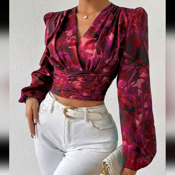 Women's Floral Printed Ruffle Trim Blouse,Long Sleeve Tops - Picture 1 of 5